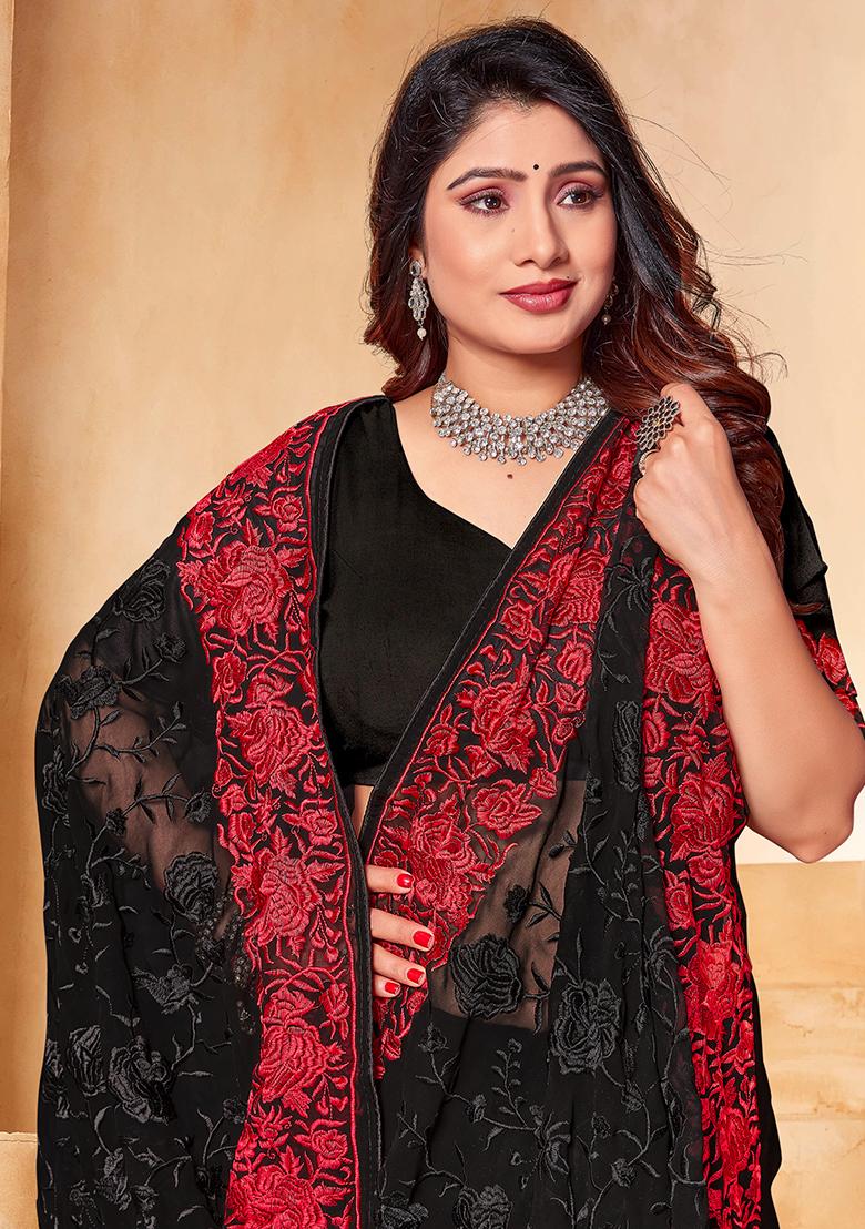 Black Red Embroidered Georgette Saree Set - Indya