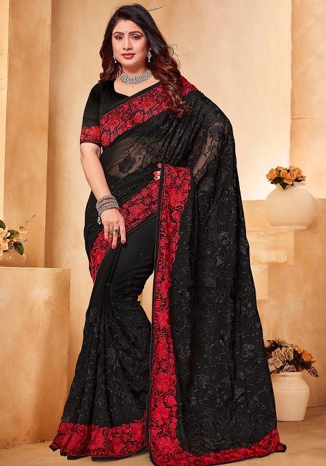 Black Red Embroidered Georgette Saree Set