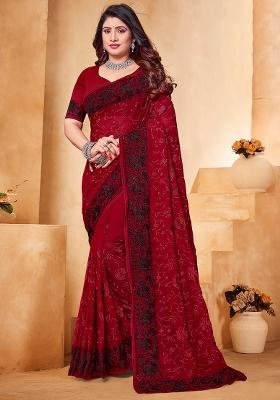 Maroon Embroidered Georgette Saree Set