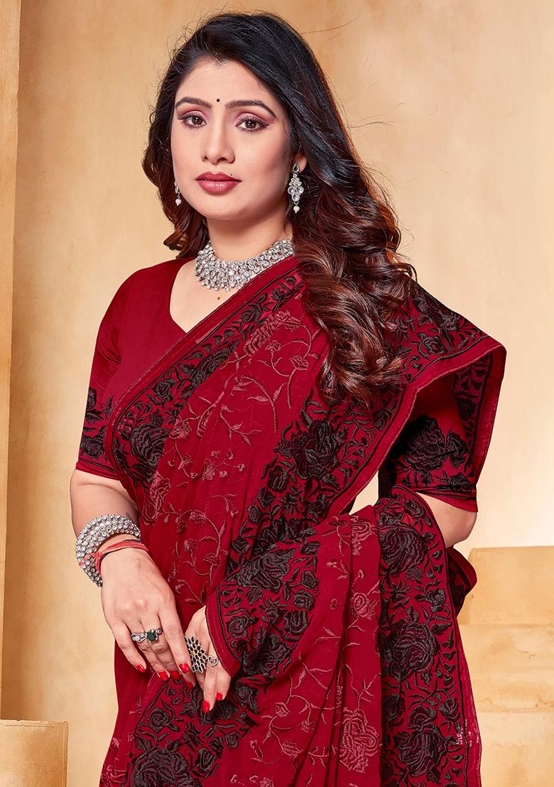 Maroon Embroidered Georgette Saree Set - Indya