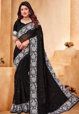 Black White Embroidered Georgette Saree Set