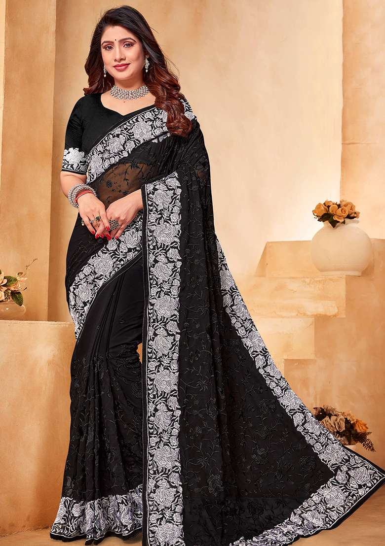 Black White Embroidered Georgette Saree Set for Diwali and Festive Wear - Indya