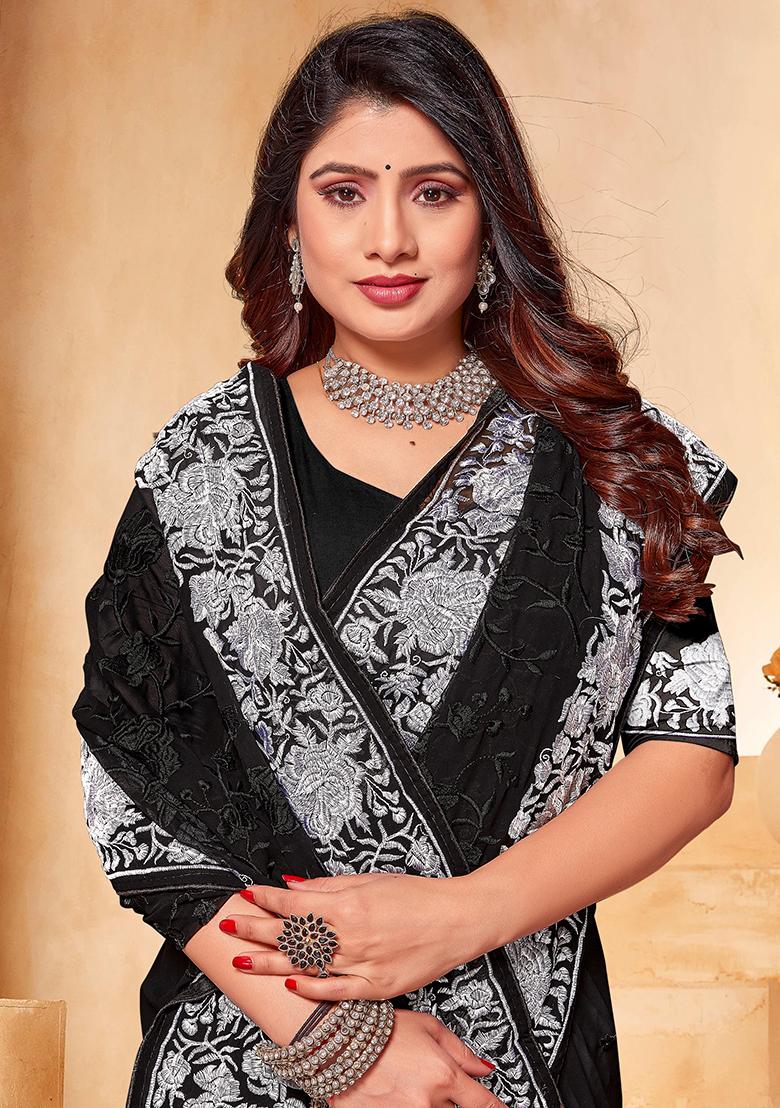 Black White Embroidered Georgette Saree Set - Indya