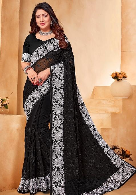Black White Embroidered Georgette Saree Set