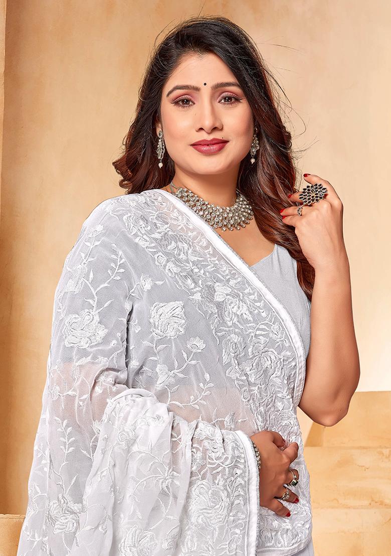 White Embroidered Georgette Saree Set - Indya