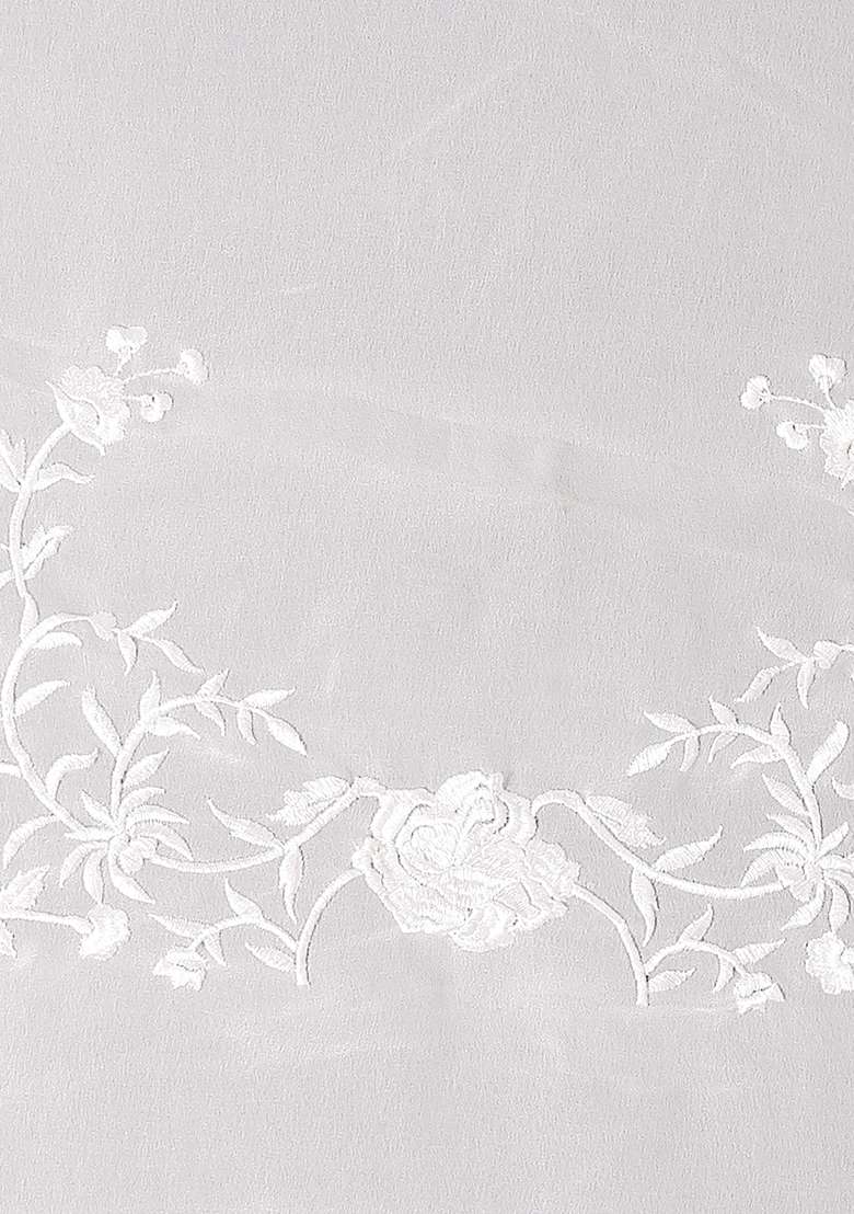 White Embroidered Georgette Saree Set for Diwali and Festive Wear - Indya