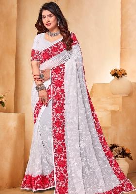 White Red Embroidered Georgette Saree Set