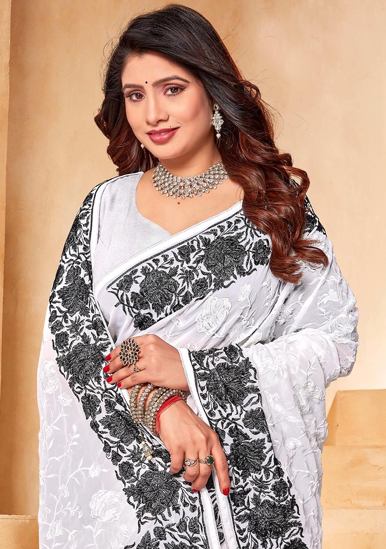 White Black Embroidered Georgette Saree Set - Indya
