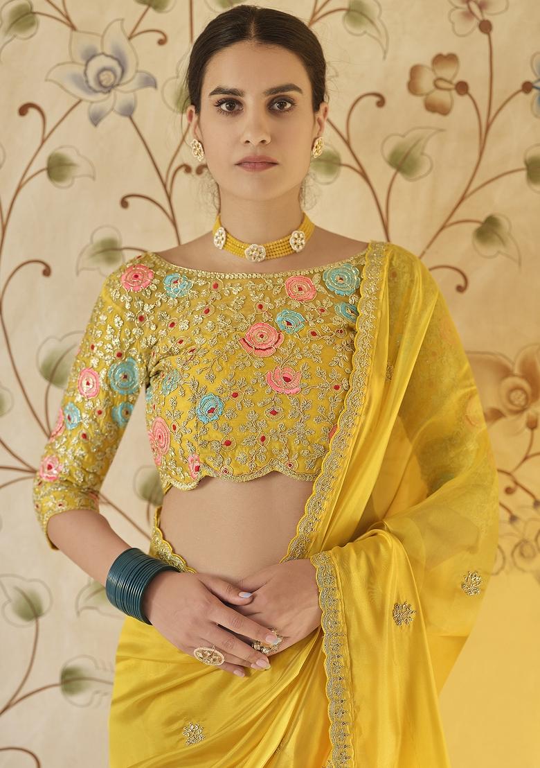 Yellow Embroidered Blended Saree Set - Indya
