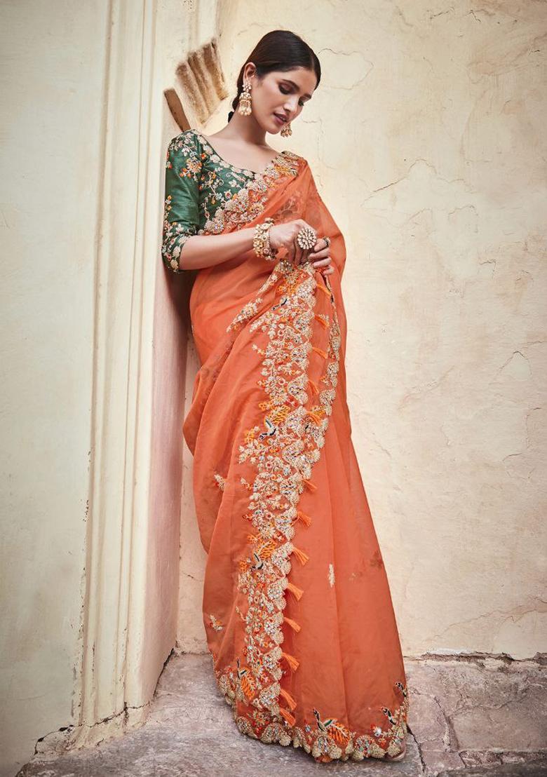 Orange Embroidered Blended Saree Set - Indya
