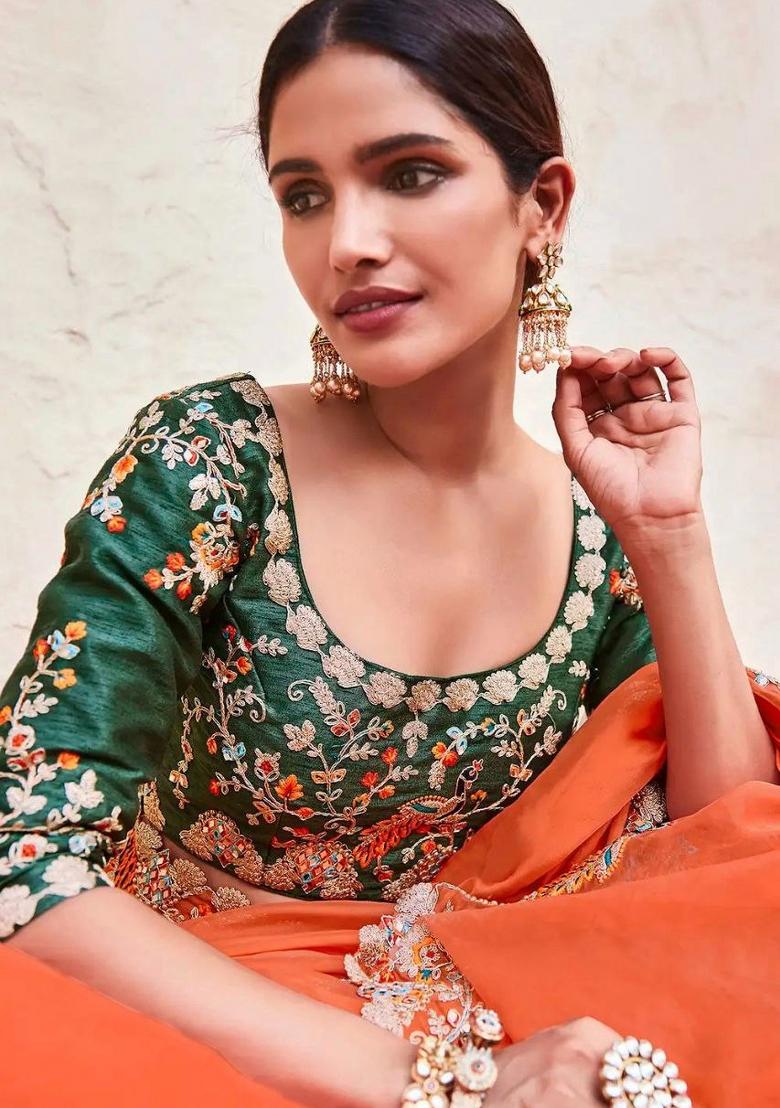 Orange Embroidered Blended Saree Set - Indya