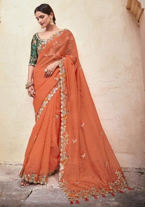 Orange Embroidered Blended Saree Set