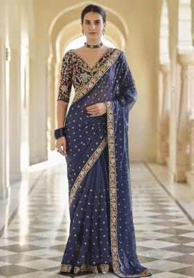 Blue Embroidered Blended Saree Set