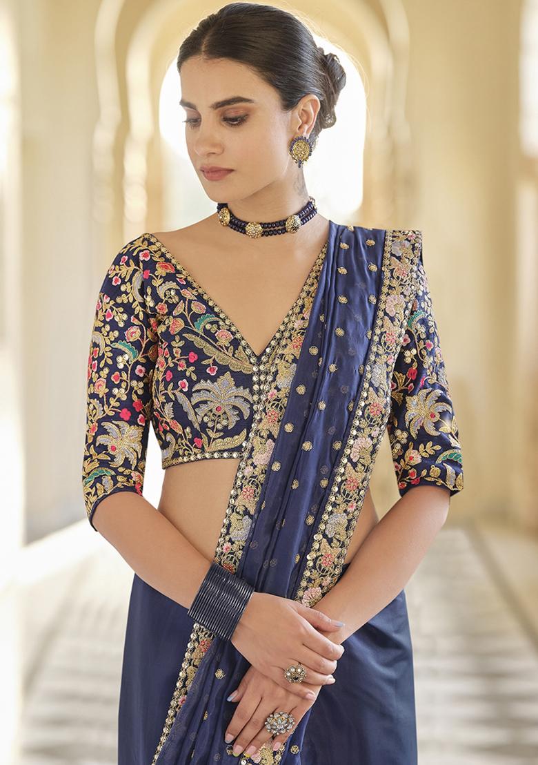 Blue Embroidered Blended Saree Set - Indya