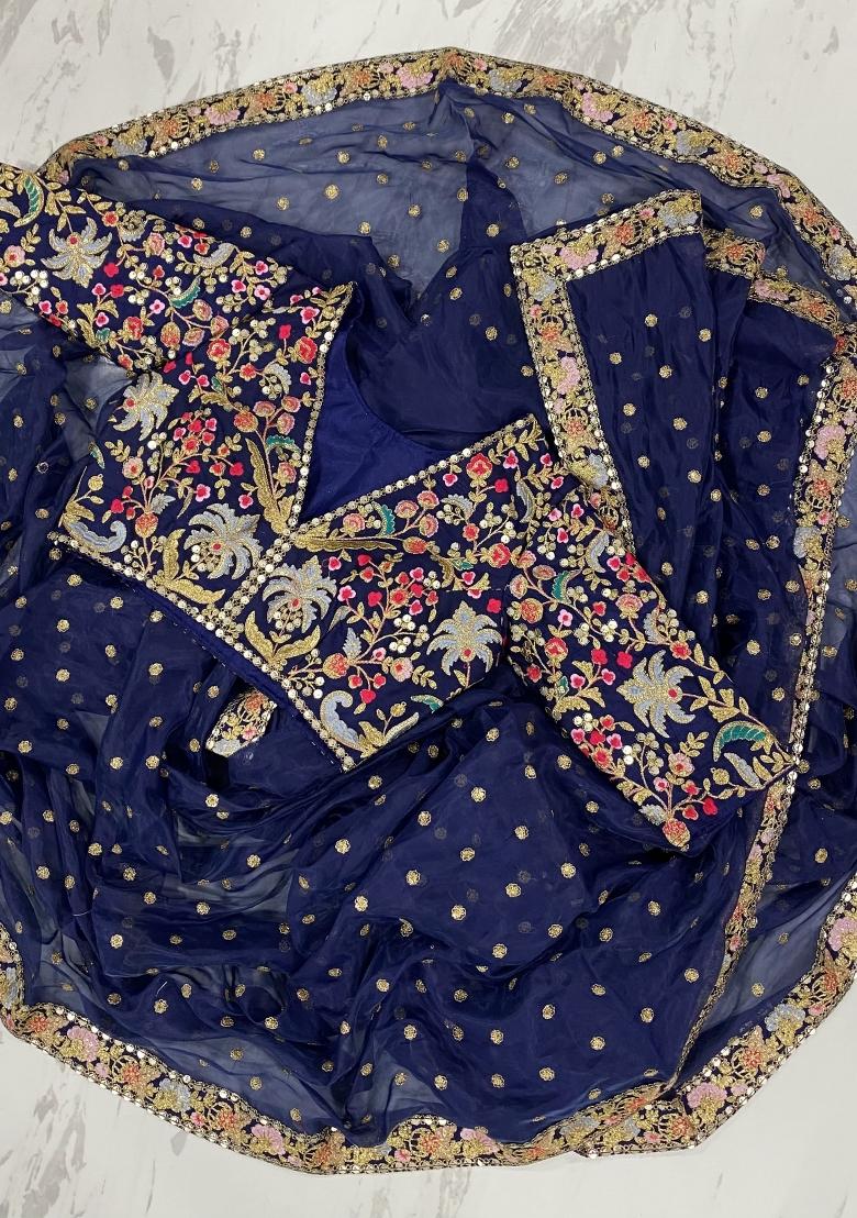 Blue Embroidered Blended Saree Set - Indya