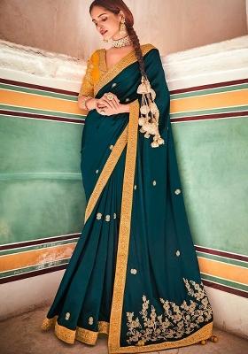 Green Embroidered Blended Saree Set