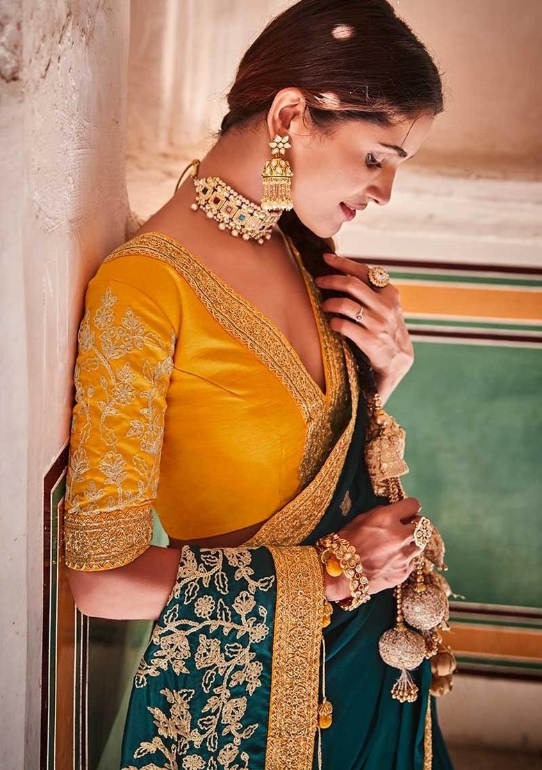 Green Embroidered Blended Saree Set - Indya