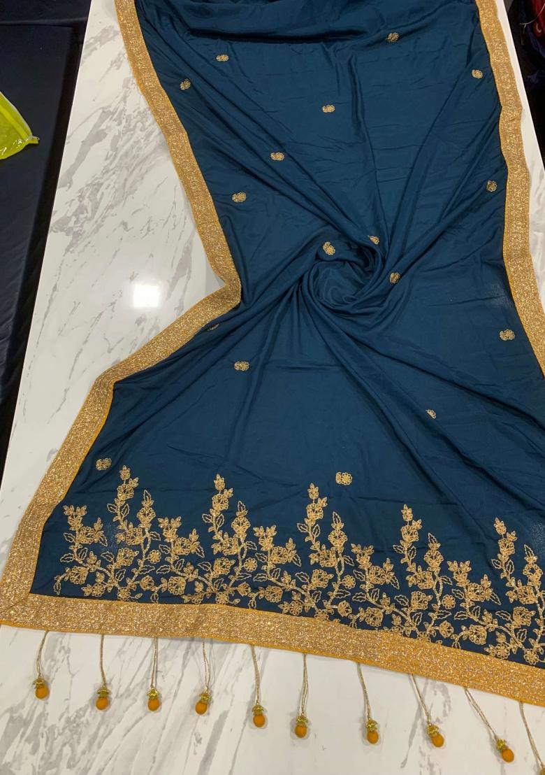 Green Embroidered Blended Saree Set - Indya