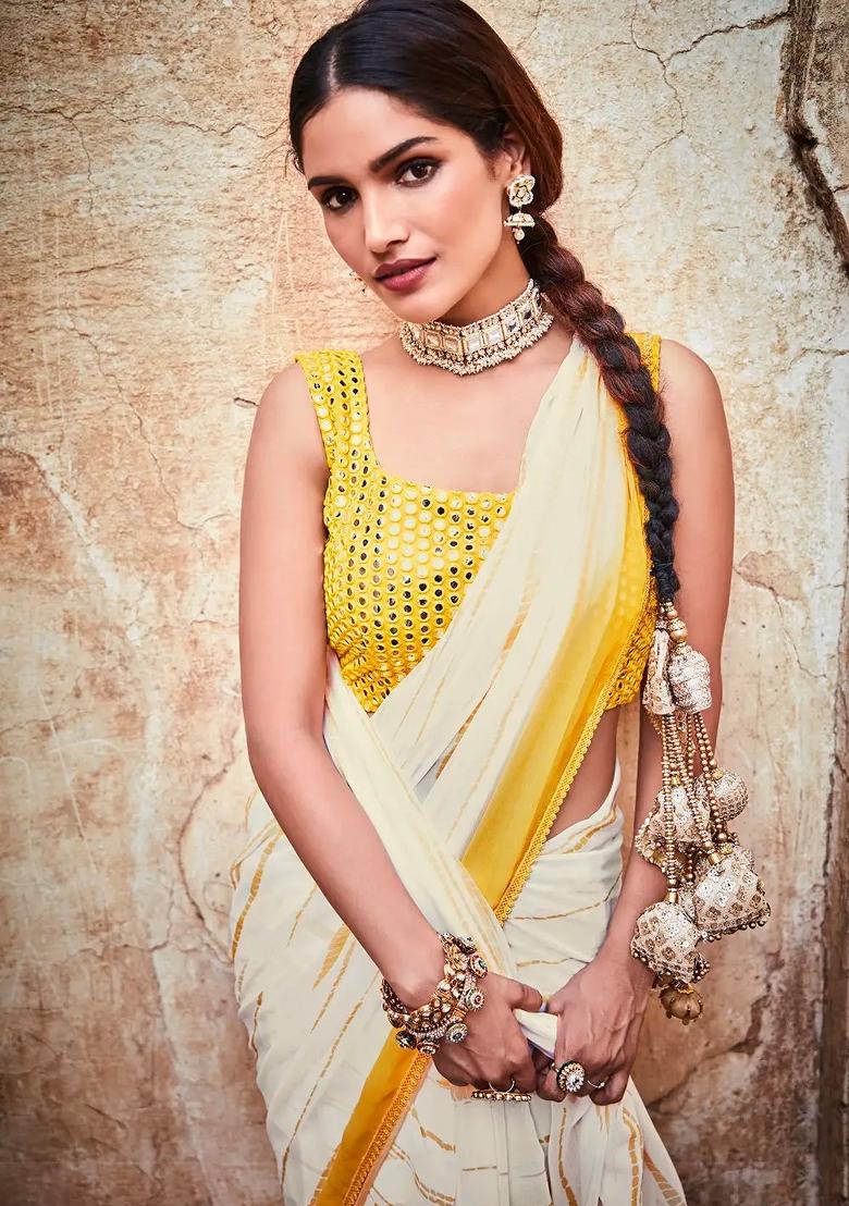 Cream Embroidered Blended Saree Set - Indya