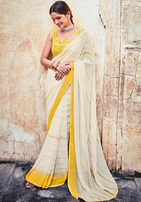 Cream Embroidered Blended Saree Set