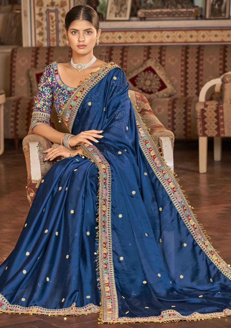 Navy Blue Embroidered Blended Saree Set - Indya
