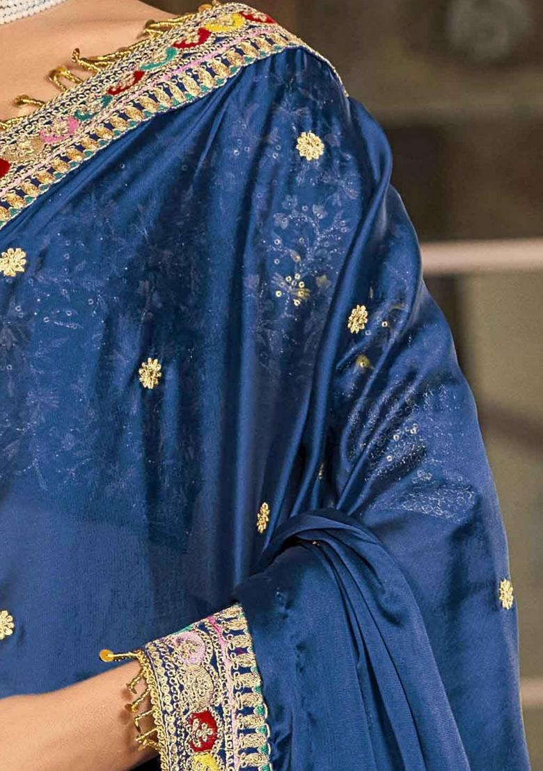 Navy Blue Embroidered Blended Saree Set - Indya