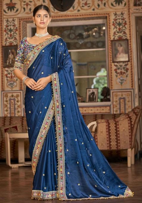 Navy Blue Embroidered Blended Saree Set