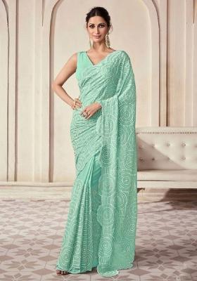 Green Embroidered Blended Saree Set