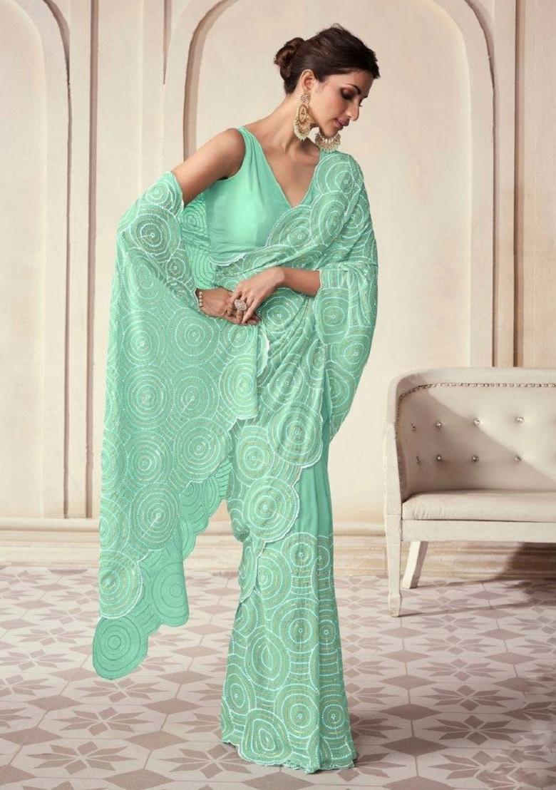 Green Embroidered Blended Saree Set - Indya