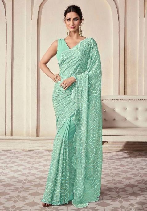 Green Embroidered Blended Saree Set