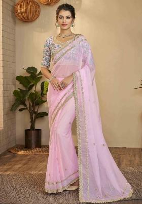 Pink Embroidered Blended Saree Set