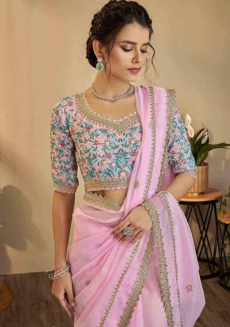 Pink Embroidered Blended Saree Set - Indya