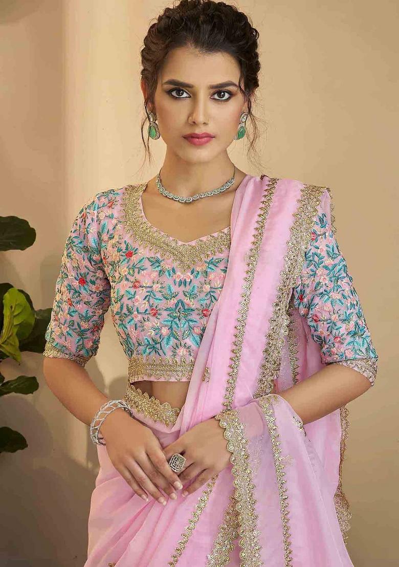 Pink Embroidered Blended Saree Set - Indya