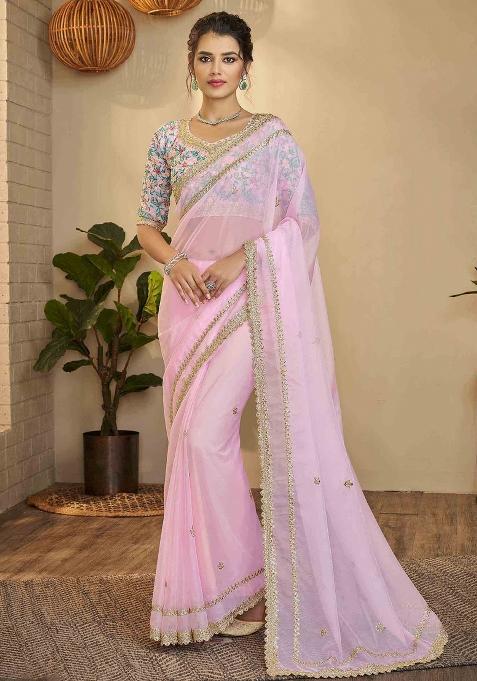 Pink Embroidered Blended Saree Set