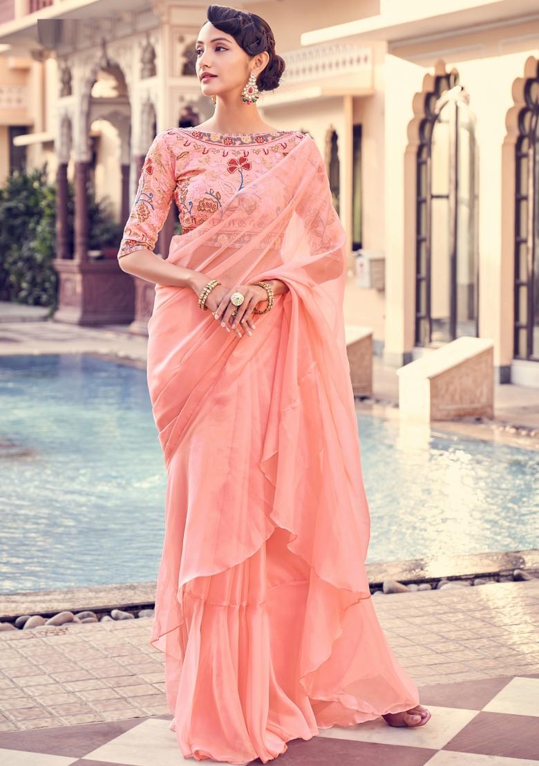 Peach Pink Embroidered Blended Saree Set - Indya