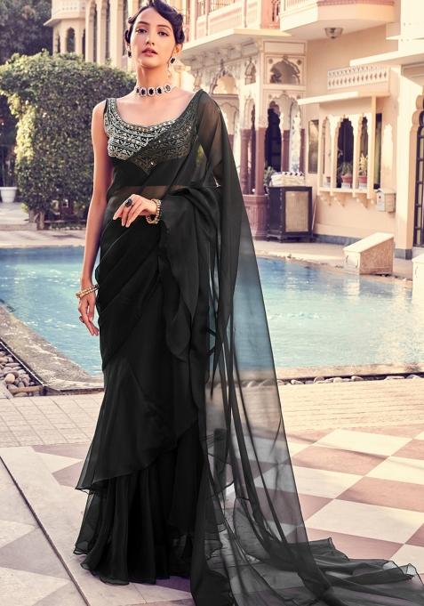 Black Embroidered Blended Saree Set