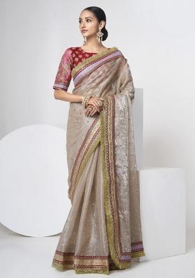 Grey Embroidered Blended Saree Set
