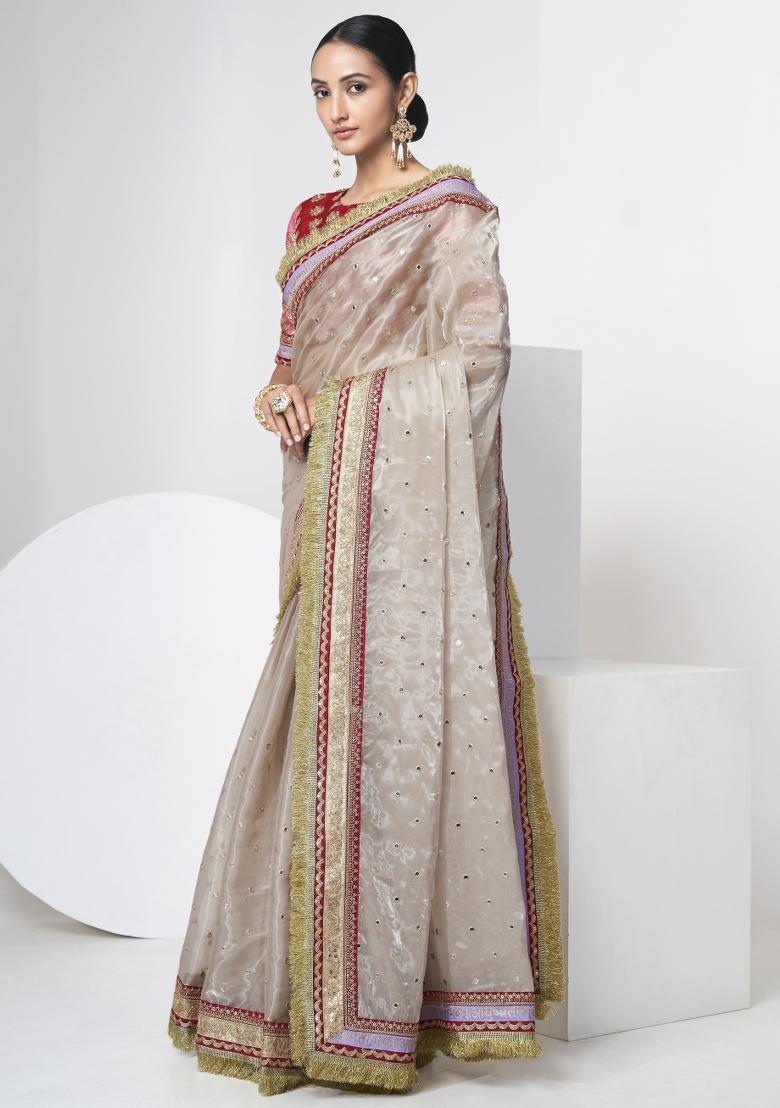 Grey Embroidered Blended Saree Set - Indya