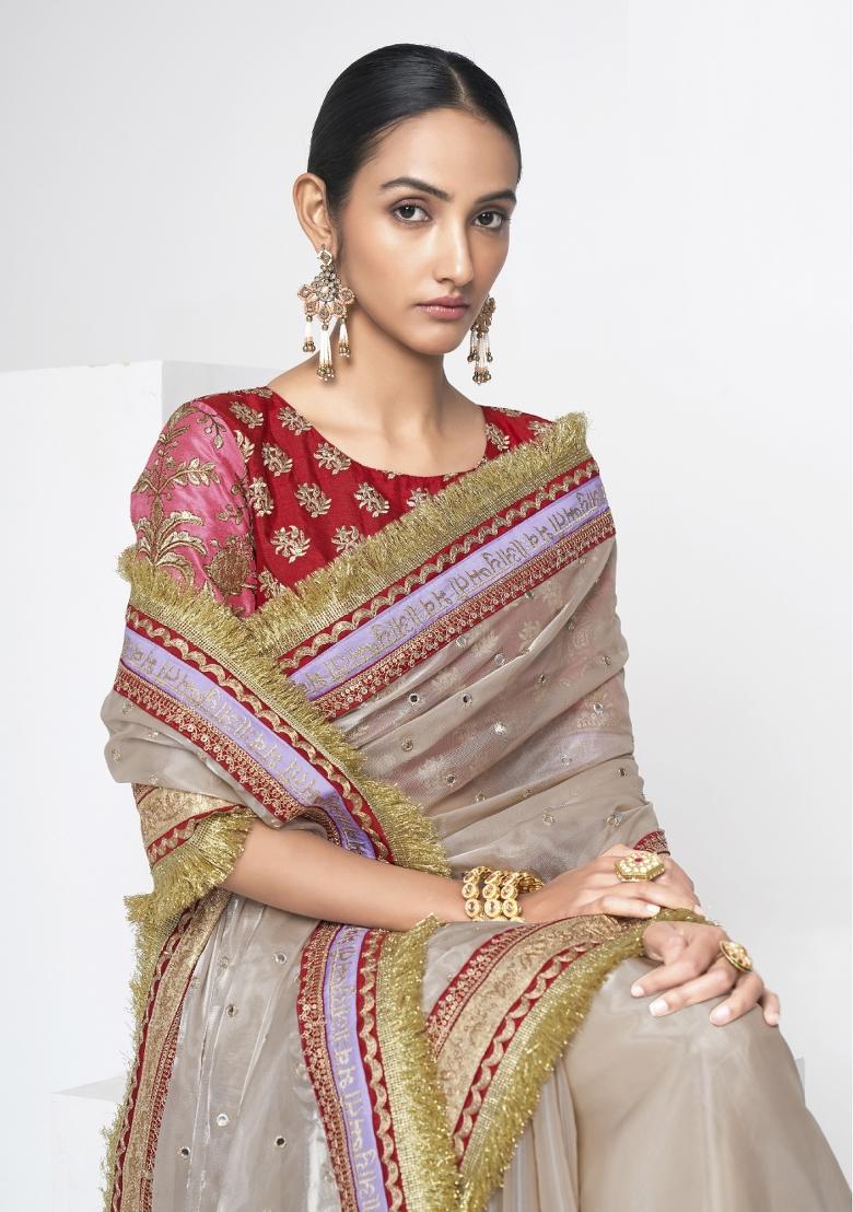 Grey Embroidered Blended Saree Set - Indya