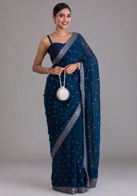 Teal Embroidered Blended Saree Set