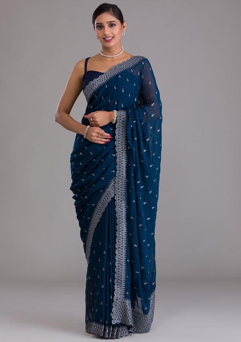 Teal Embroidered Blended Saree Set - Indya