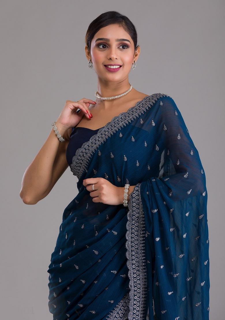 Teal Embroidered Blended Saree Set - Indya