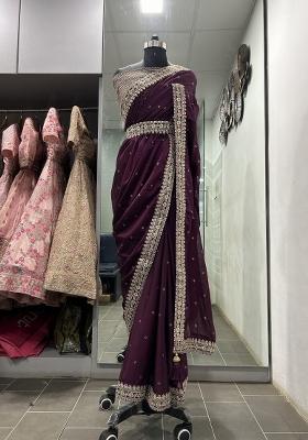 Wine Embroidered Blended Saree Set