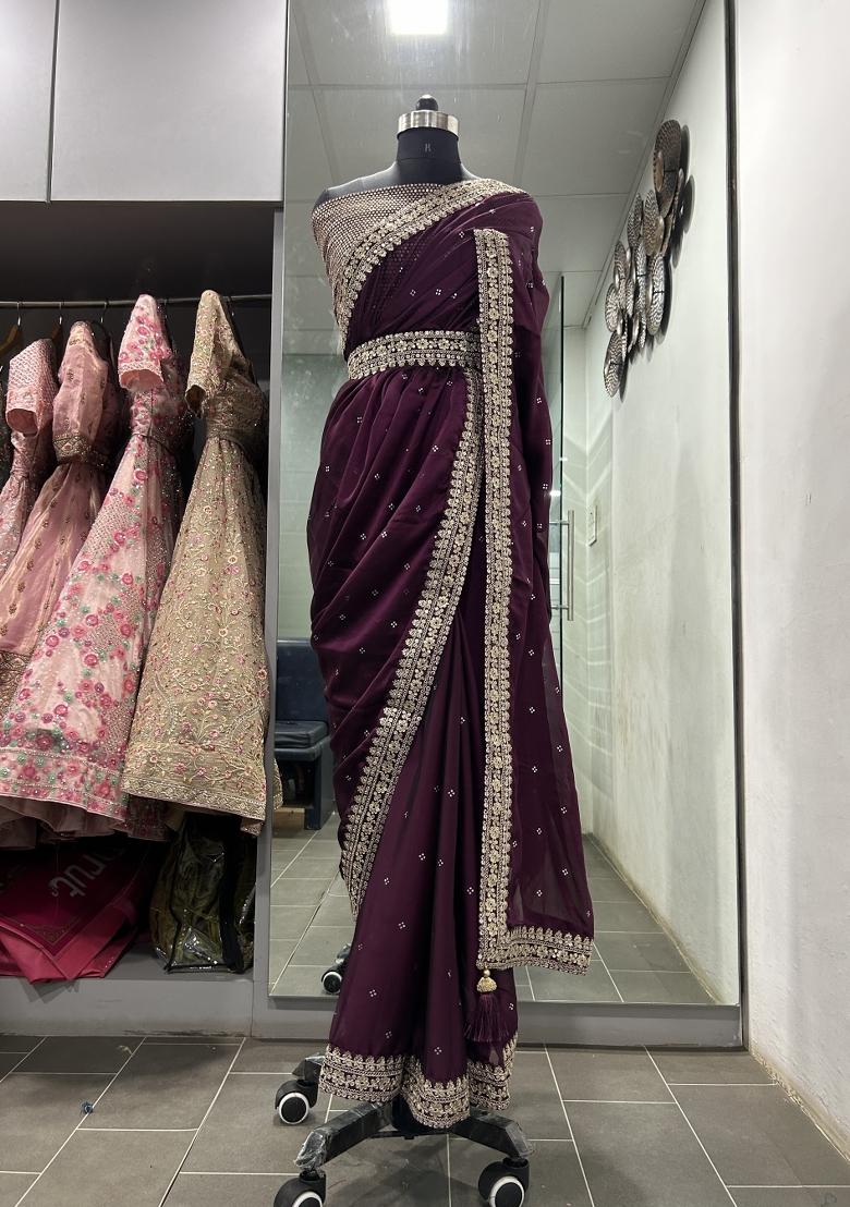 Wine Embroidered Blended Saree Set