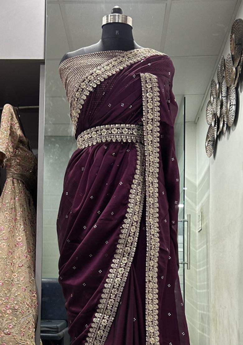 Wine Embroidered Blended Saree Set - Indya