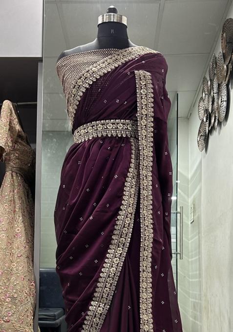 Wine Embroidered Blended Saree Set