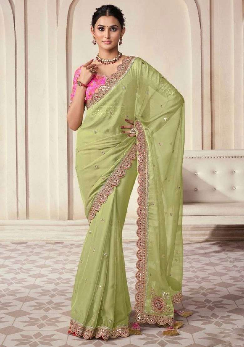 Olive Embroidered Blended Saree Set for Diwali and Festive Wear - Indya