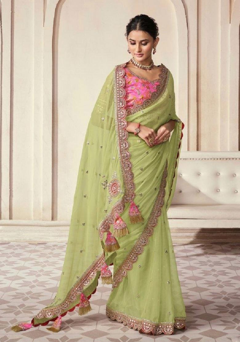 Olive Embroidered Blended Saree Set - Indya
