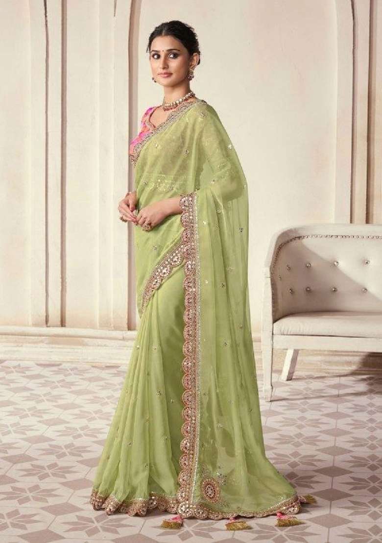 Olive Embroidered Blended Saree Set for Diwali and Festive Wear - Indya