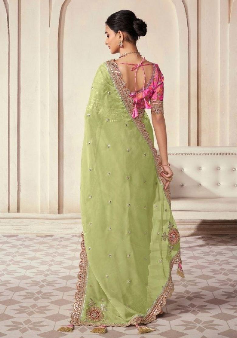 Olive Embroidered Blended Saree Set - Indya